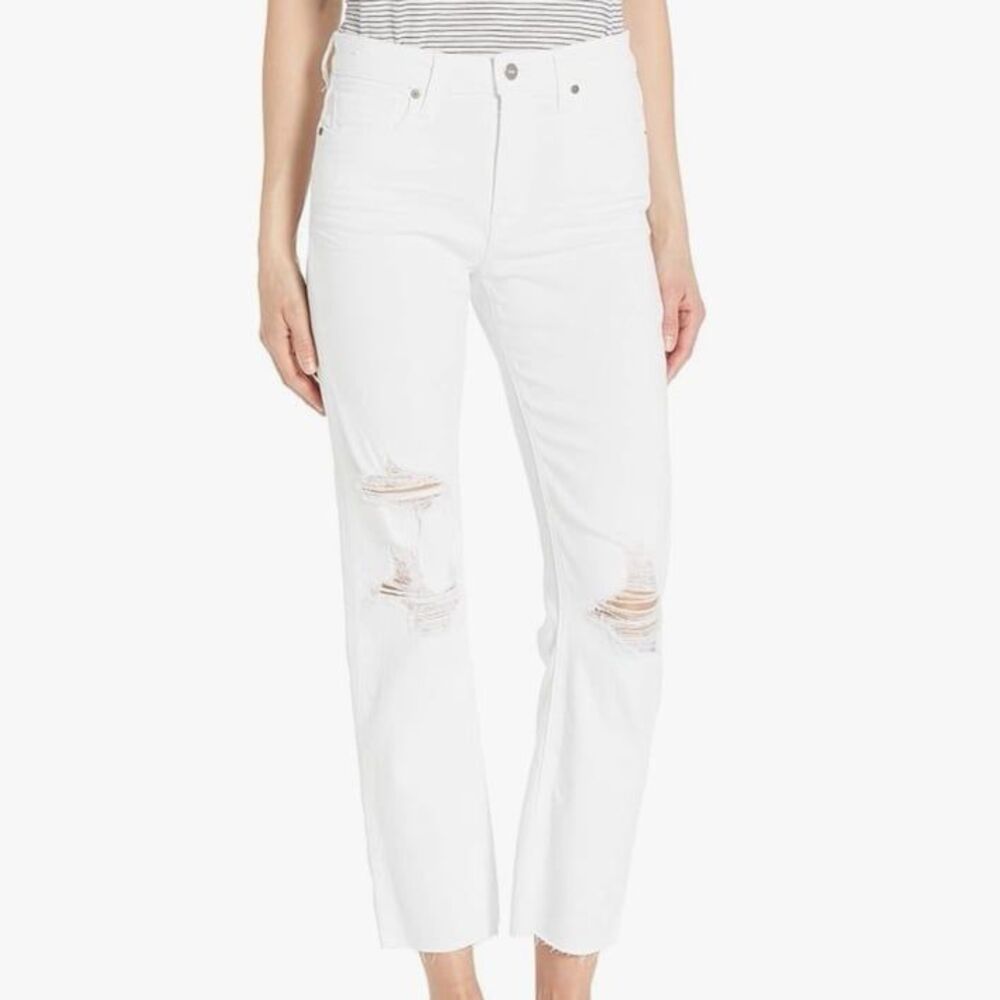 PAIGE Women's Noella Straight white distressed Raw Hem jeans